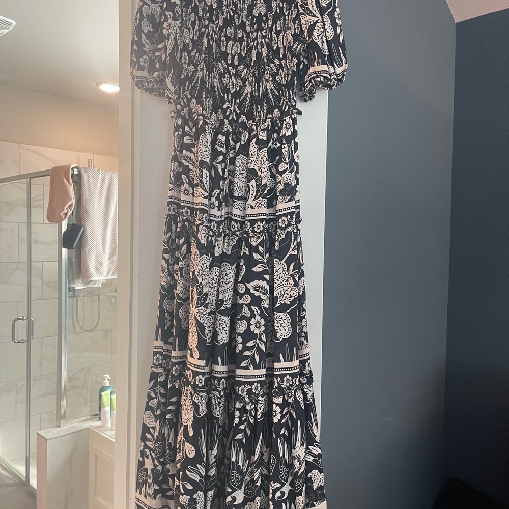 Farm RioBlack and White Maxi Sundress with Puff Sleeves